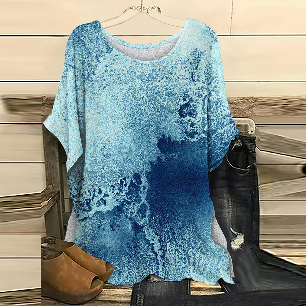 batwing short sleeve top, summer spring women's floral casual shirt loose crew neck