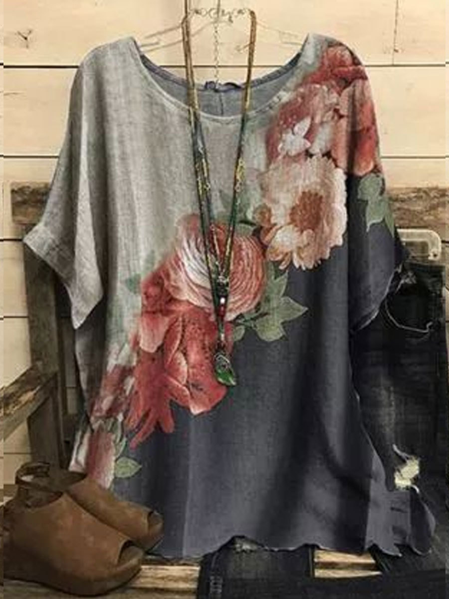 batwing short sleeve top, summer spring women's floral casual shirt loose crew neck