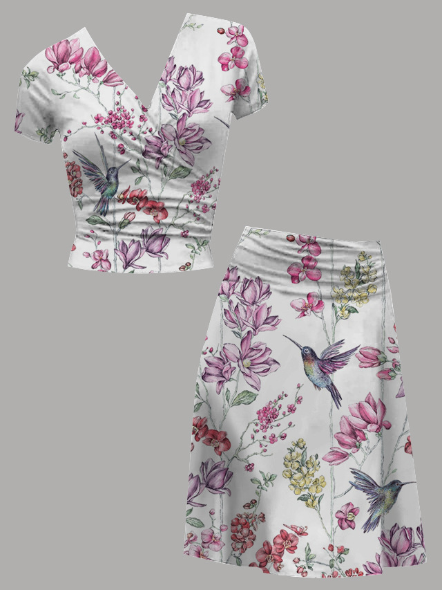 women's co-ord set 2-piece outfit top skirt short sleeve wrap collar