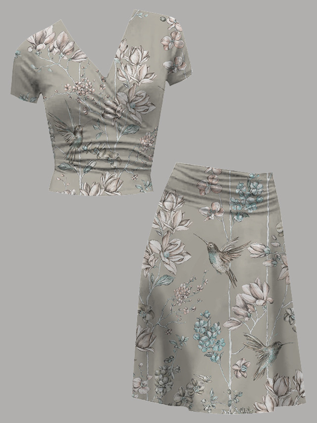 women's co-ord set 2-piece outfit top skirt short sleeve wrap collar