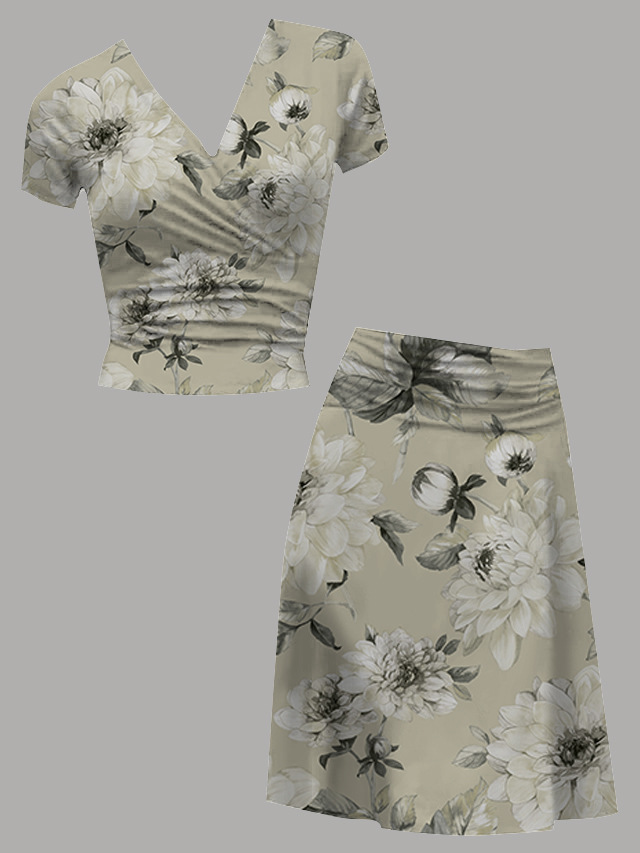 women's co-ord set 2-piece outfit top skirt short sleeve wrap collar