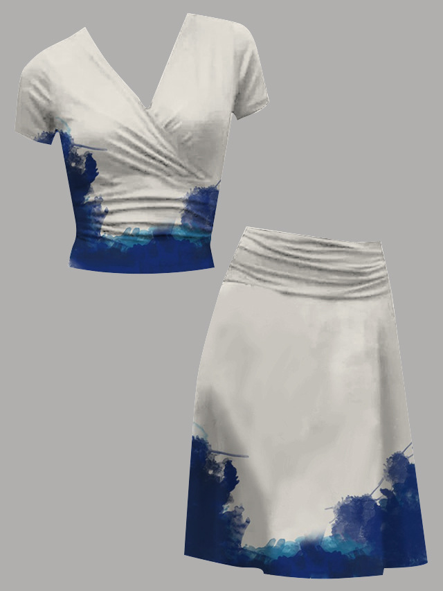 women's co-ord set 2-piece outfit top skirt short sleeve wrap collar
