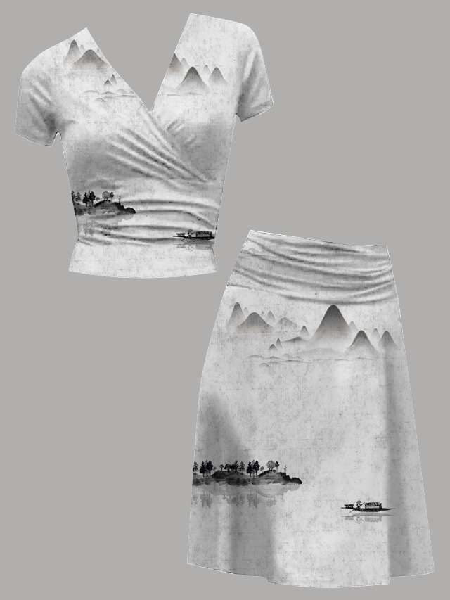women's co-ord set 2-piece outfit top skirt short sleeve wrap collar