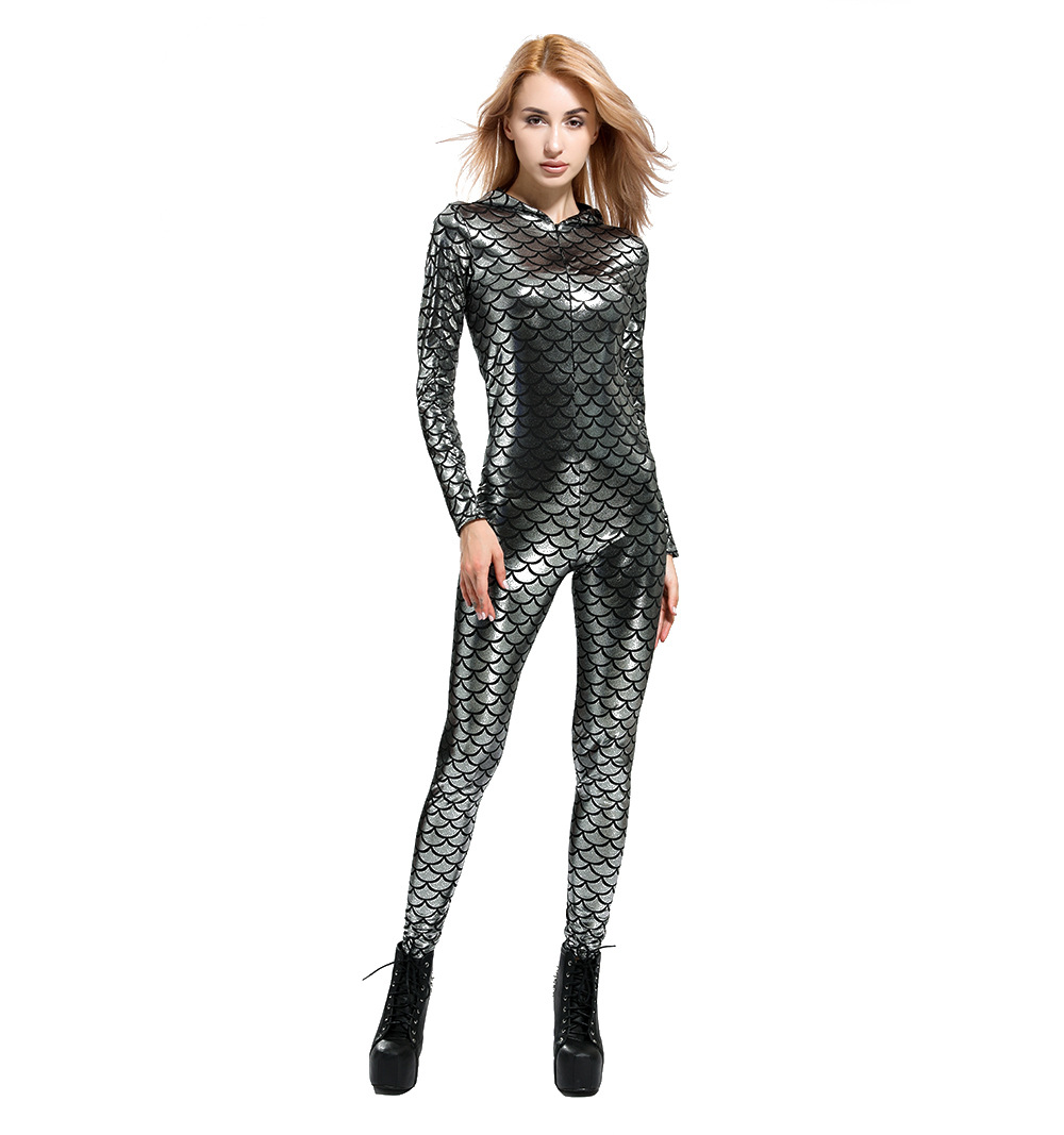 women's fish scale mermaid full bodysuit hood long sleeve gray