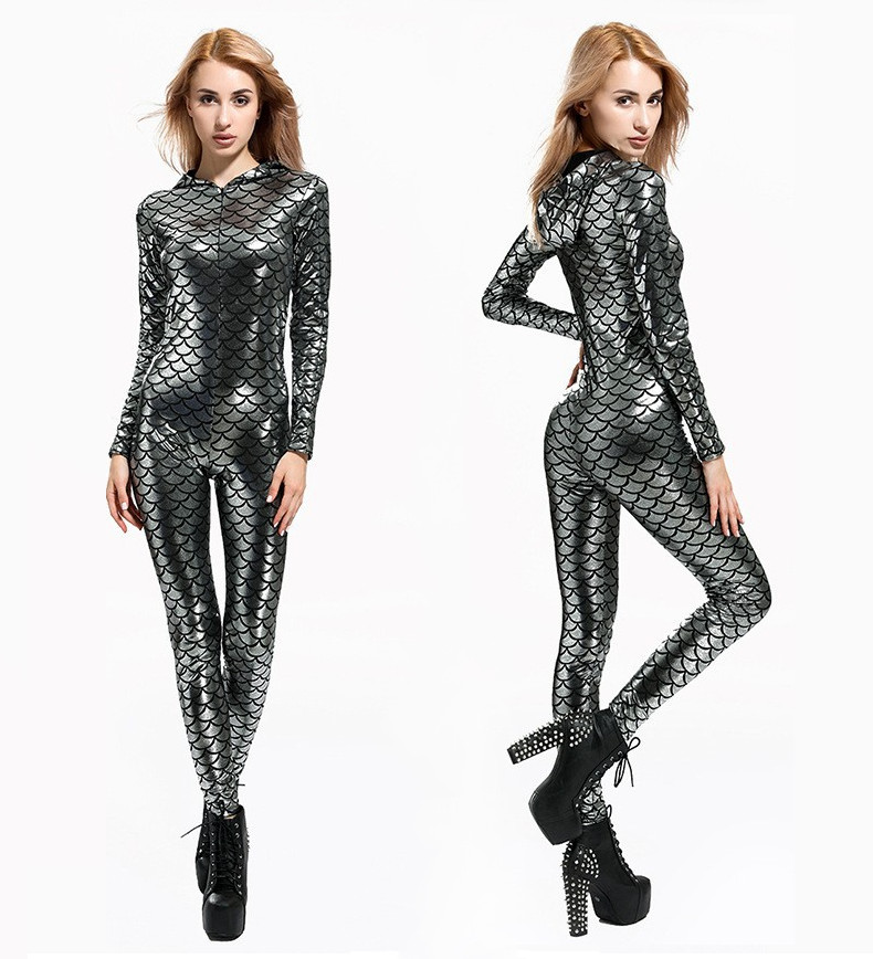 women's fish scale mermaid full bodysuit hood long sleeve gray