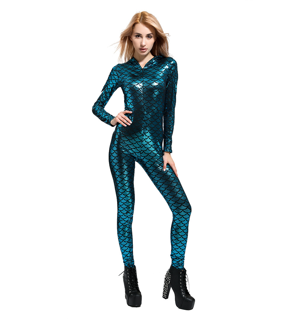 women's fish scale mermaid full bodysuit hood long sleeve blue