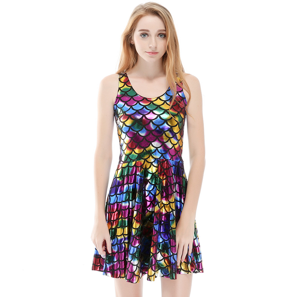 women's fish scale mermaid summer mini dress sleevelsss dragon rainbow