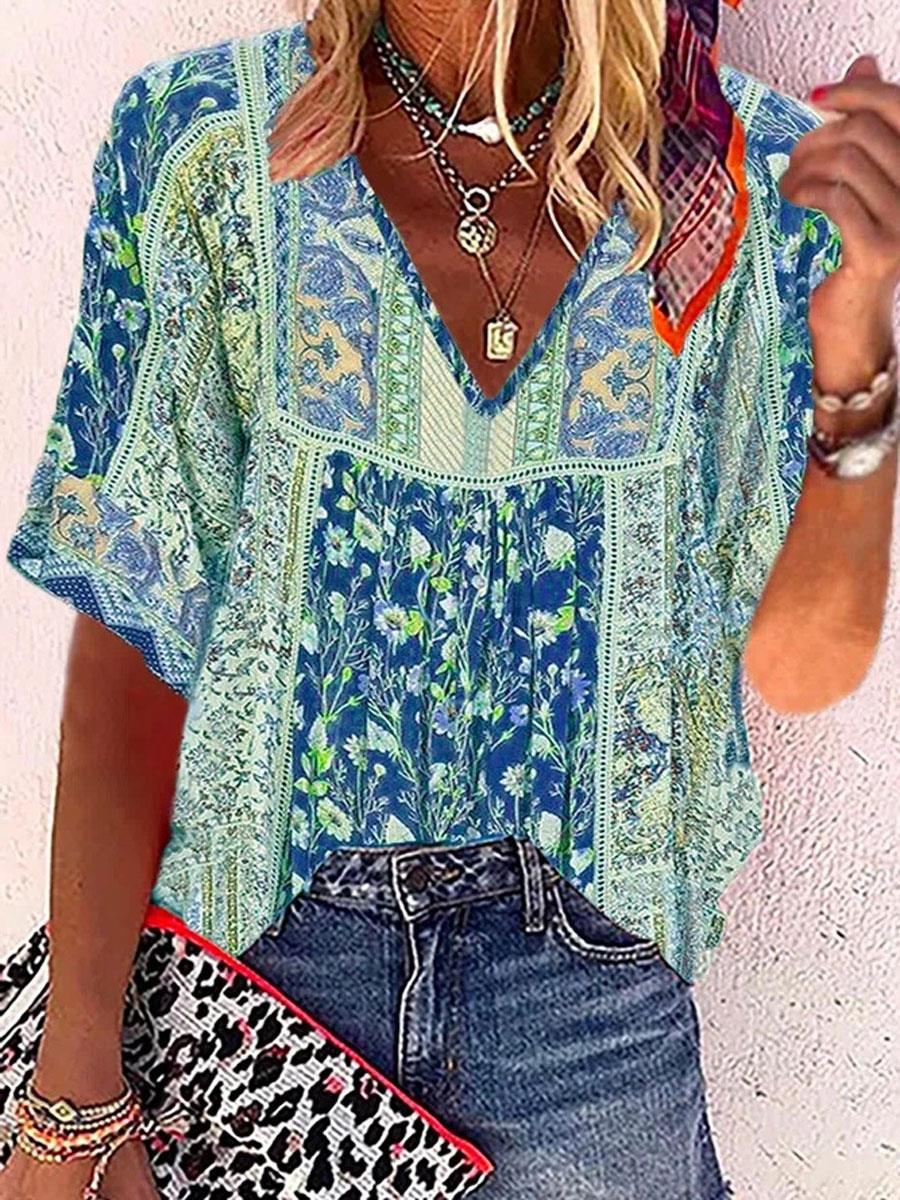 women's floral summer casual top half sleeve v-neck boho tribal bohemian